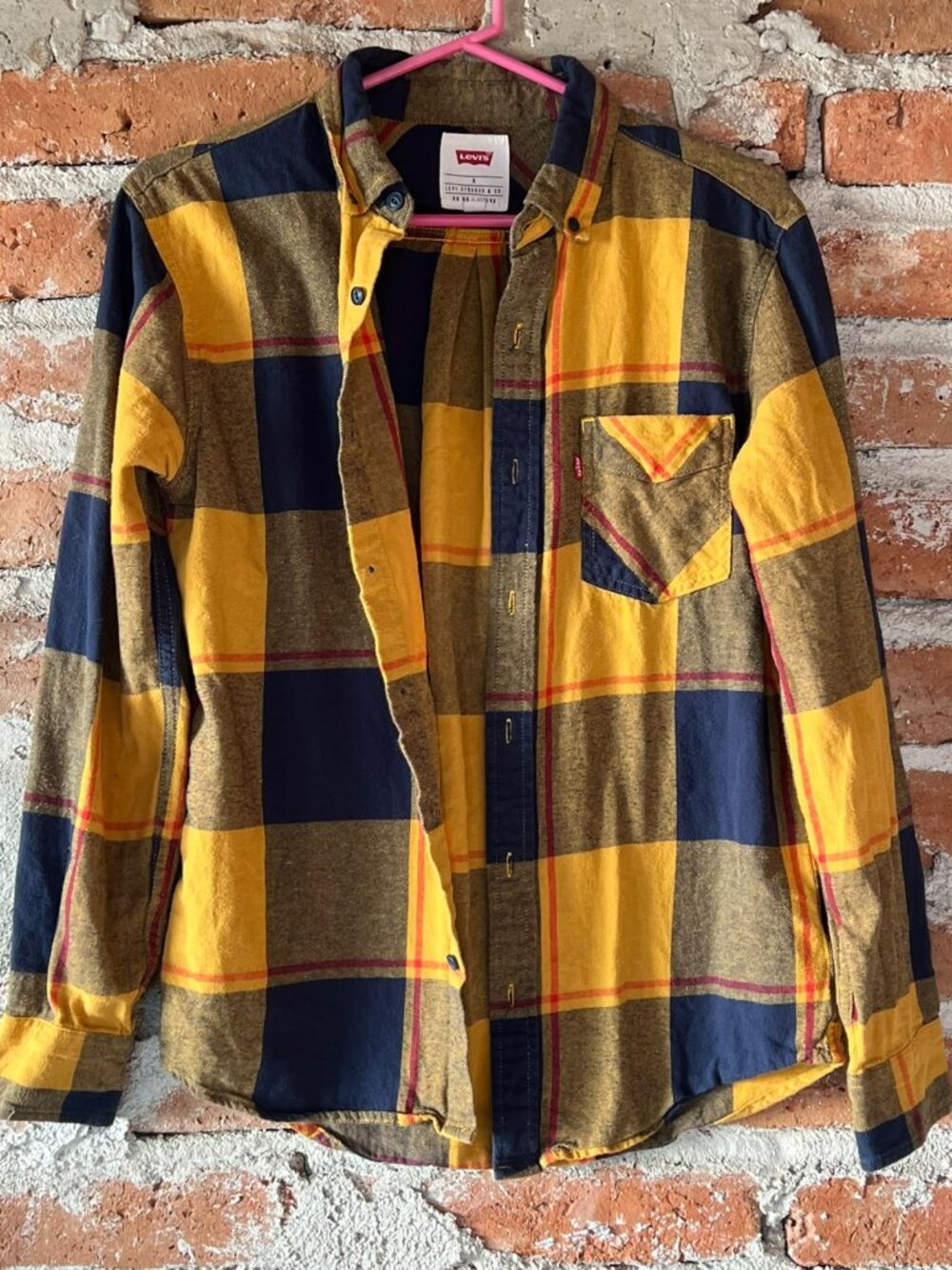 Levi's Yellow & Navy Blue Plaid Long Sleeve Flannel Button Down Shirt Small